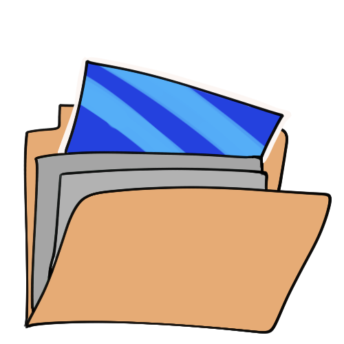 A manilla folder with two grey pieces of paper in it, and one shiny blue one sticking partly out of it. the blue file is outlined in white.